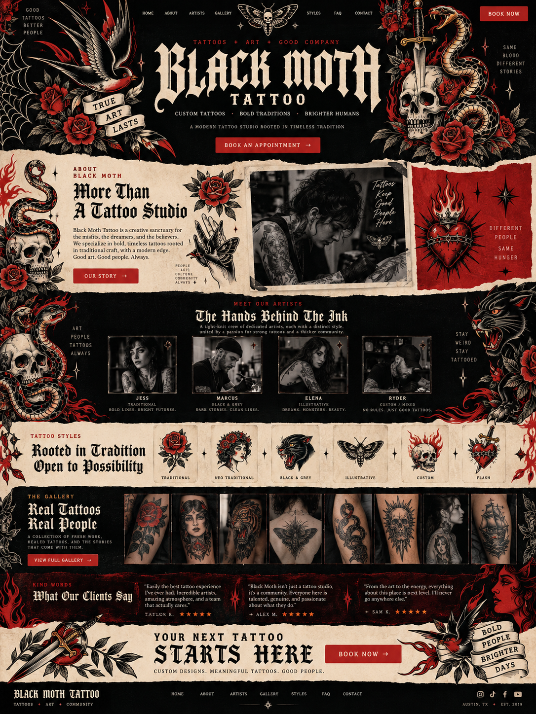 Black Moth Tattoo gothic website mock-up with traditional tattoo artwork, blackletter typography, reds and blacks