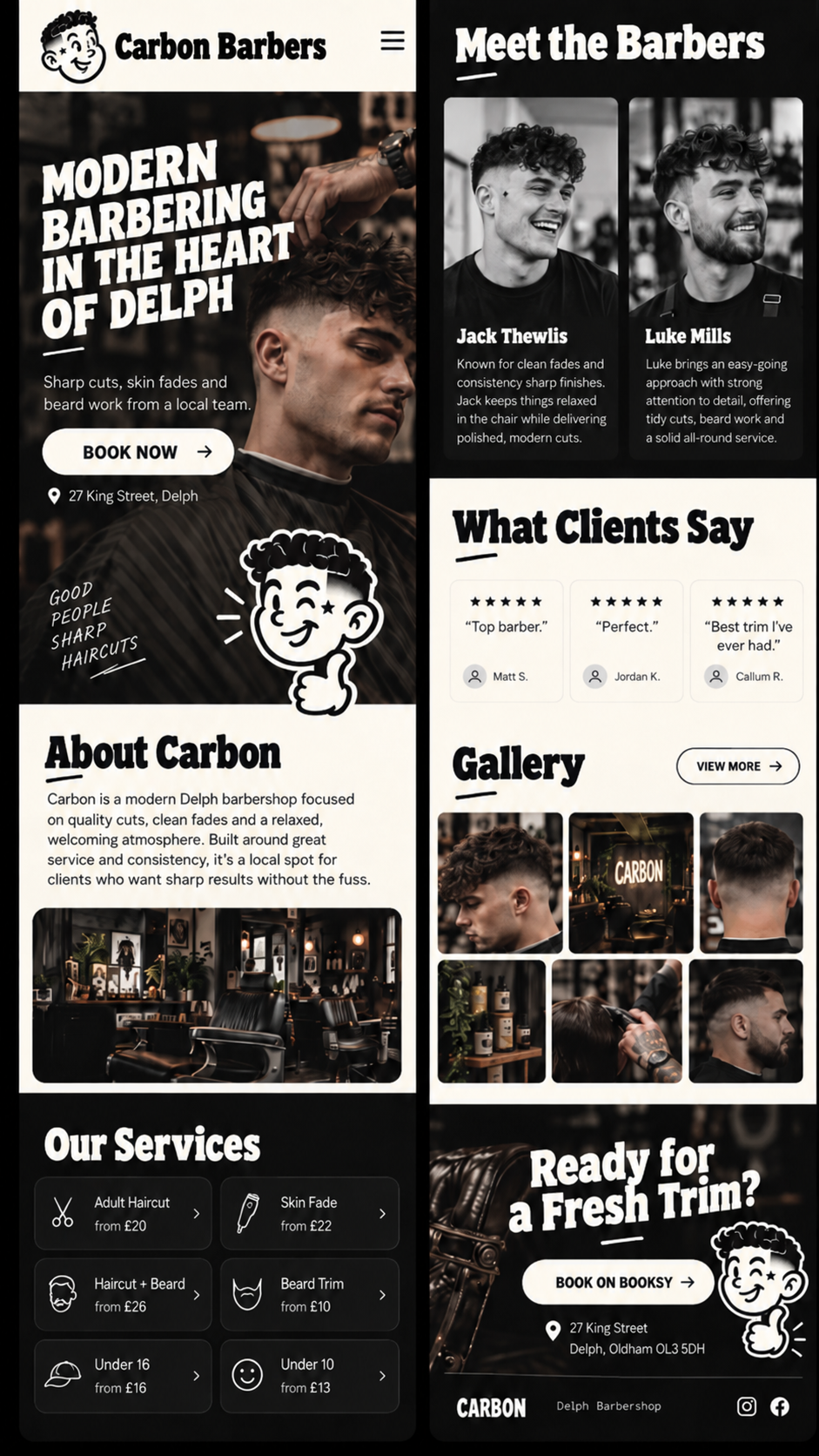 Carbon Barbers website mock-up showing the homepage, services, barbers, reviews and gallery